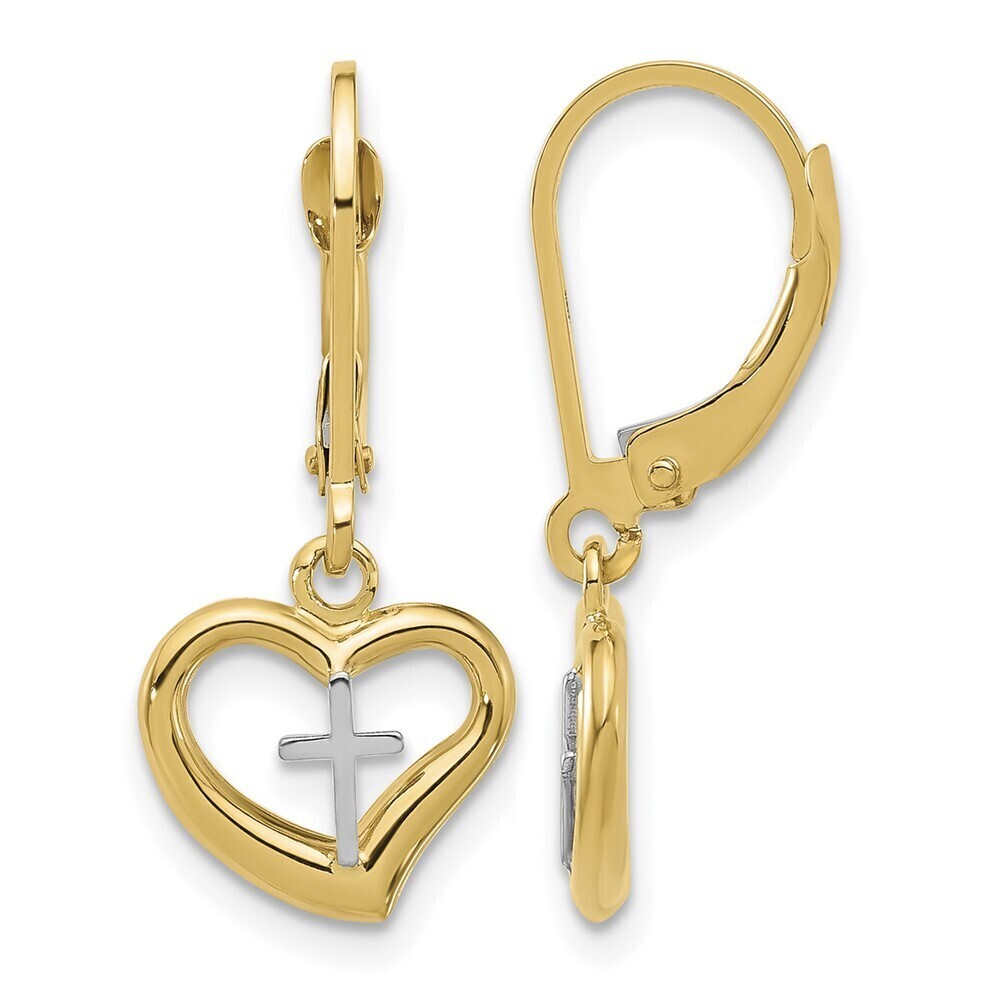 Kazi Luxury 14K Two-tone Polished Cross in Heart Leverback Dangle Earrings